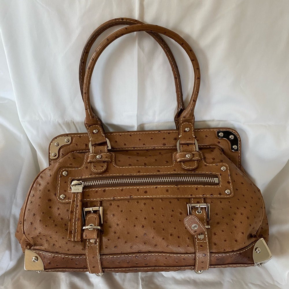 Cognac leather RAFE handbag with faux ostrich detail